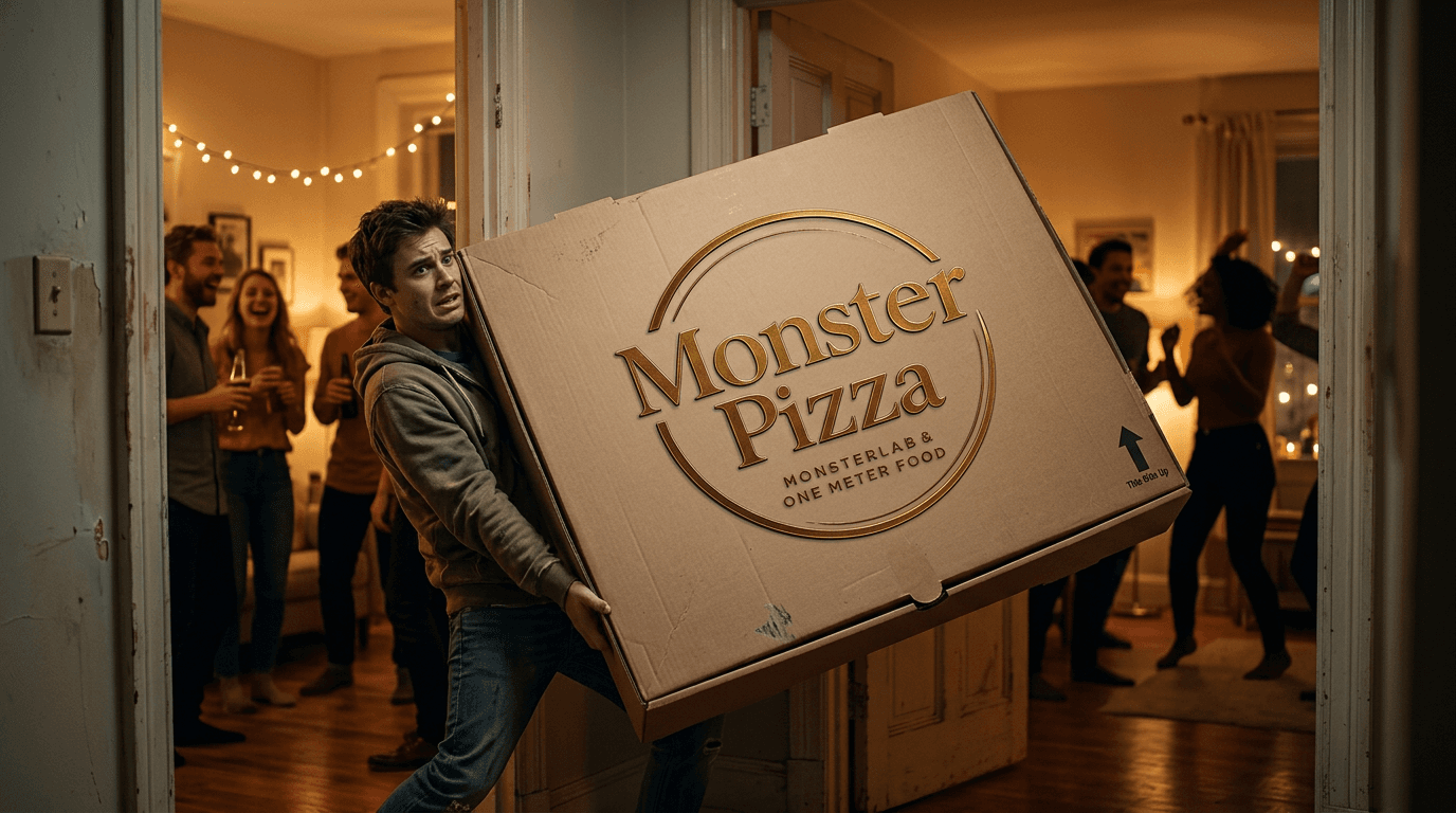 Donáška obrovskej Monster Pizza pri dverách do bytu, vnútri párty