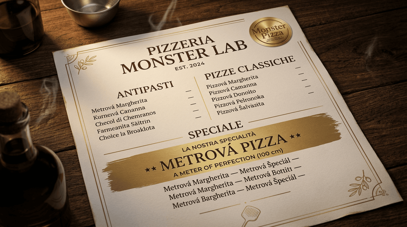 Menu pizzerie Monster Pizza s dôrazom na metrovú pizzu