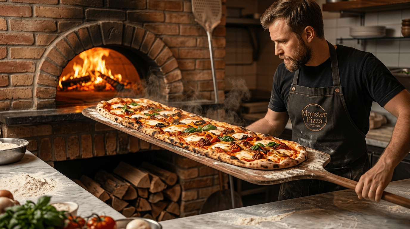 Pizzaiolo ťahá metrovú pizzu z drevenej pece — remeslo Monster Pizza