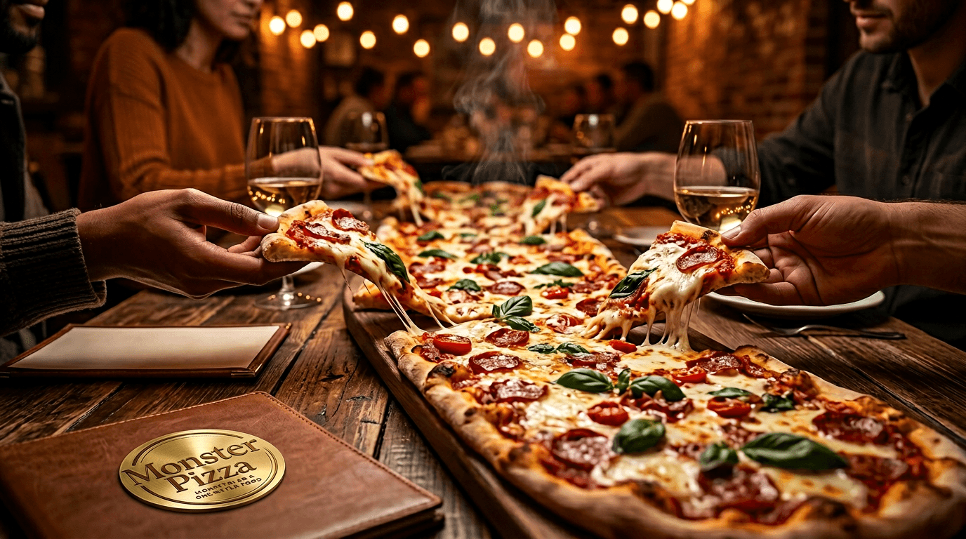 Metrová pizza na stole so zdieľaním — Monster Pizza